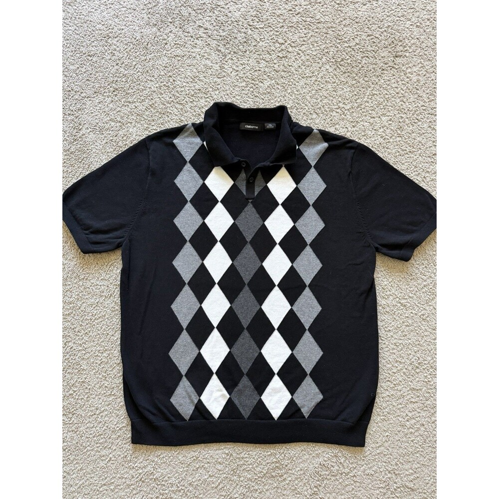 Claiborne Mens XXL Argyle Knit Polo Shirt Black Gray White Short Sleeve Cotton